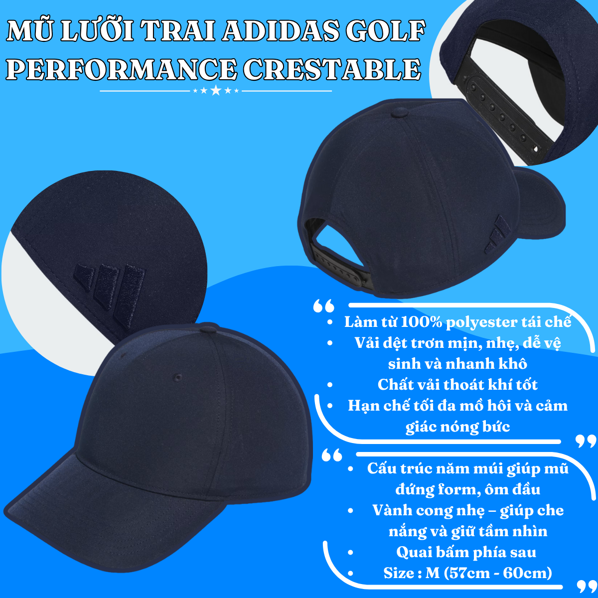 💙 Mũ Lưỡi Trai Adidas Golf Performance Crestable – Màu Team Navy | Nhẹ đầu – Đỉnh phong cách