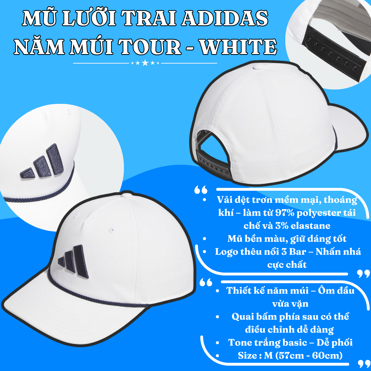 🧢 Mũ Lưỡi Trai Adidas Tour – Màu Trắng | Tối Giản, Tinh Tế, Dễ Phối