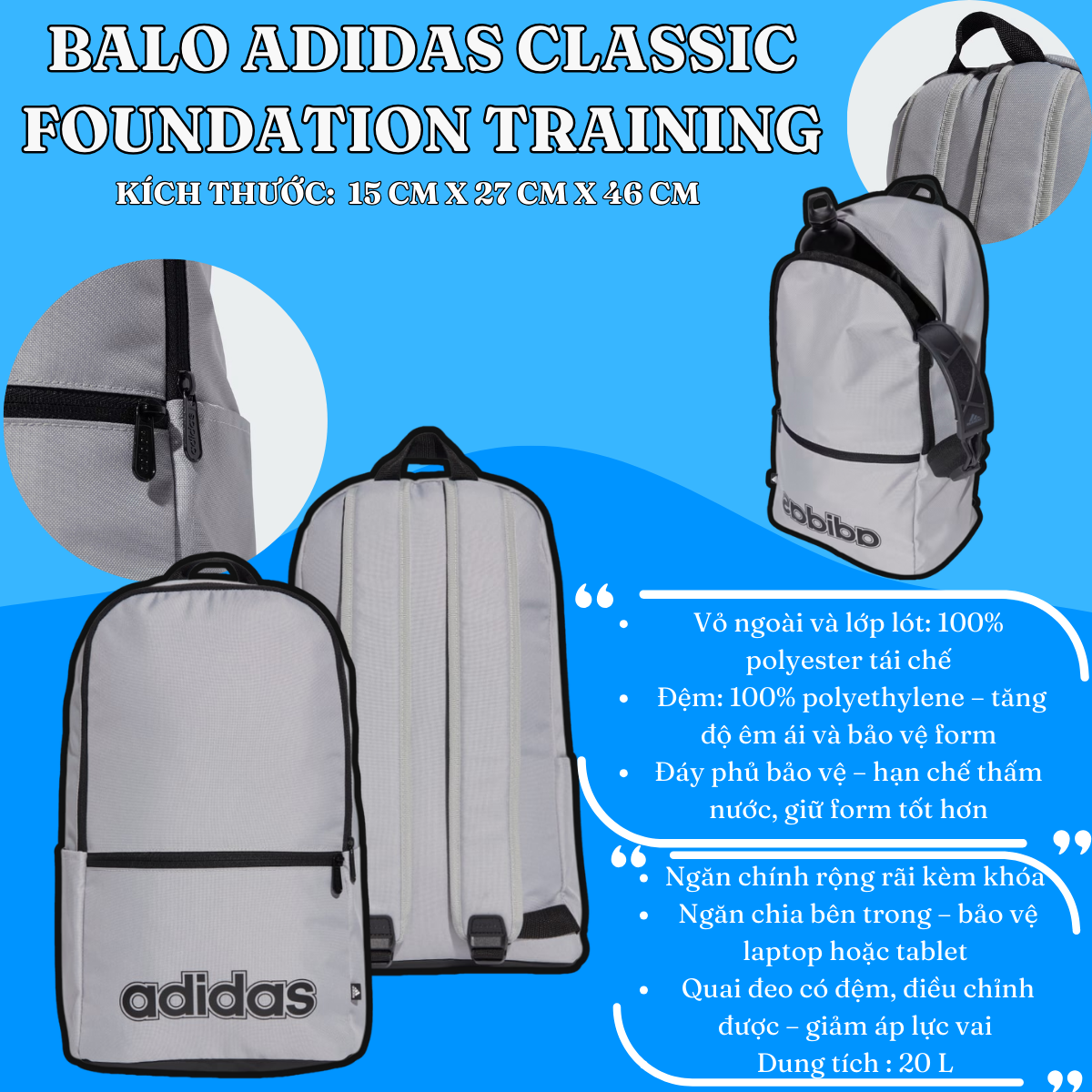 🎒 Balo Adidas Classic Foundation Training – Đơn giản, bền bỉ và tiện dụng