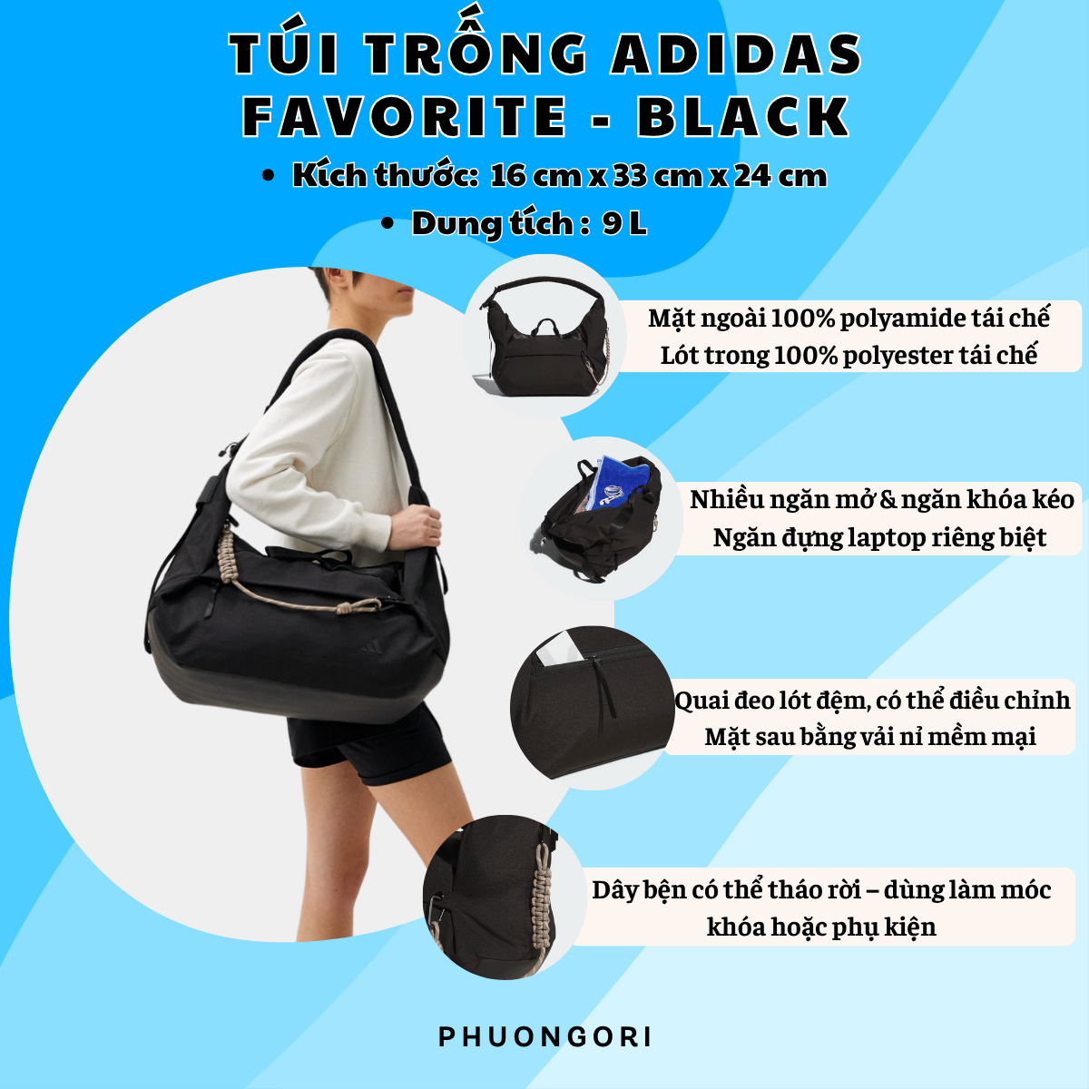 💼 Túi Trống Adidas Favorite – Đen Tuyền Cá Tính, Tối Ưu Tính Năng