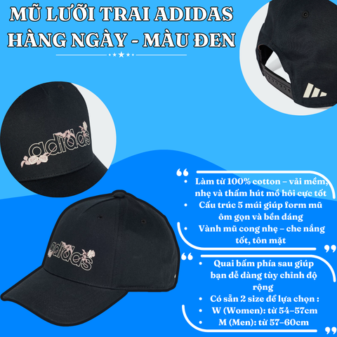 🧢 Mũ Lưỡi Trai Adidas Hàng Ngày – Màu Đen | Đơn Giản, Đa Dụng, Cực Dễ Phối