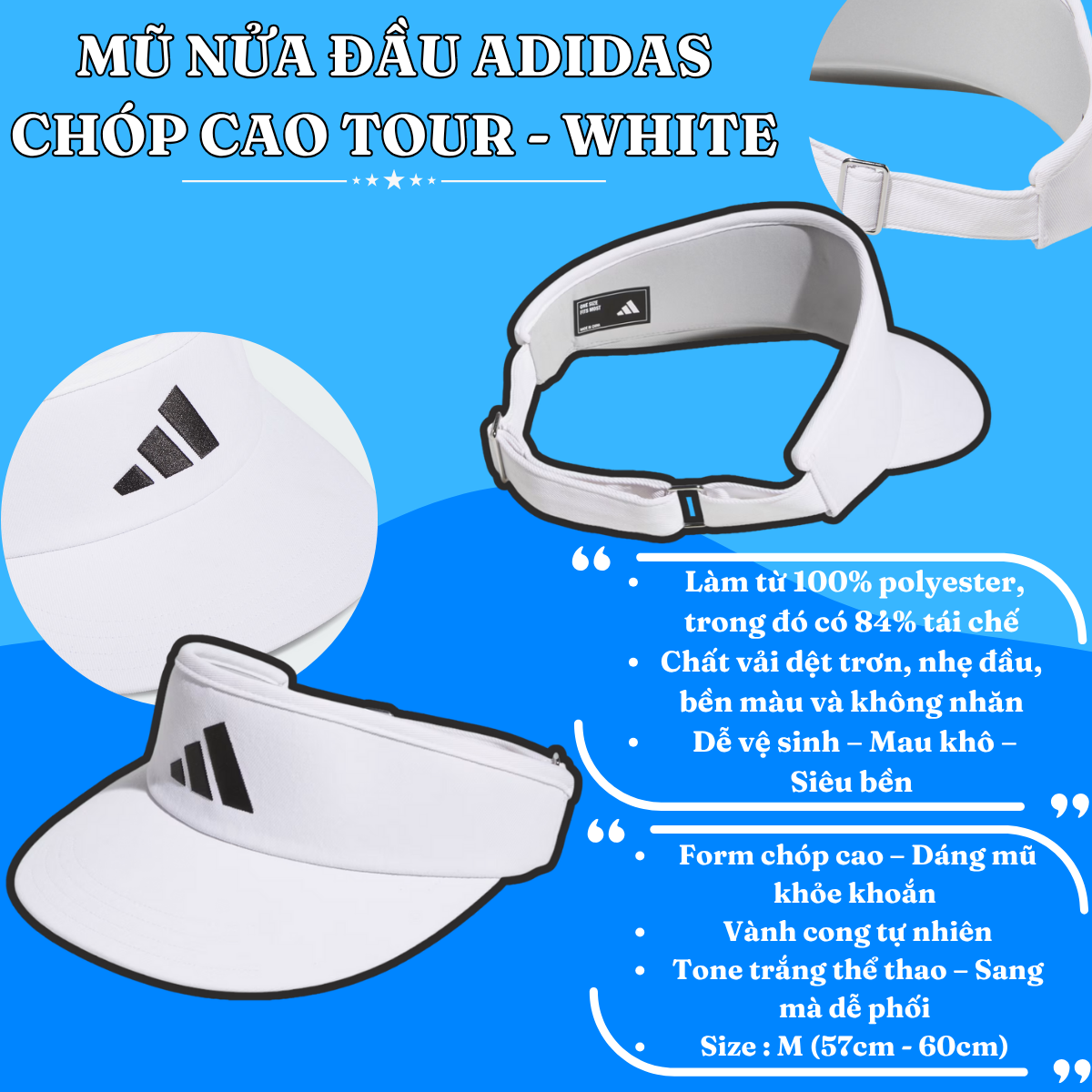 🤍 Mũ Nửa Đầu Adidas Chóp Cao Tour – Nhẹ đầu mà vẫn nổi bật