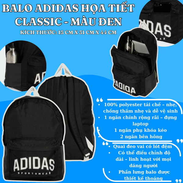 🎒 Balo Adidas Họa Tiết Classic – Vẻ đẹp tối giản, tiện dụng tối đa