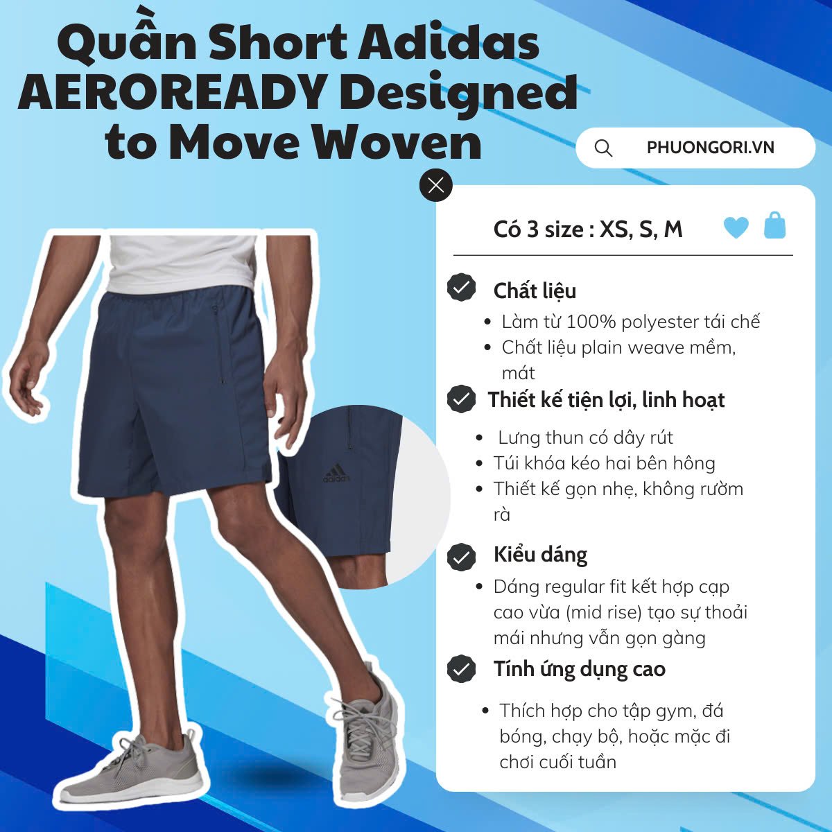 💙 Quần Short Adidas AEROREADY Designed to Move – Màu Crew Navy: Gọn nhẹ, mát mẻ, cực kỳ linh hoạt!