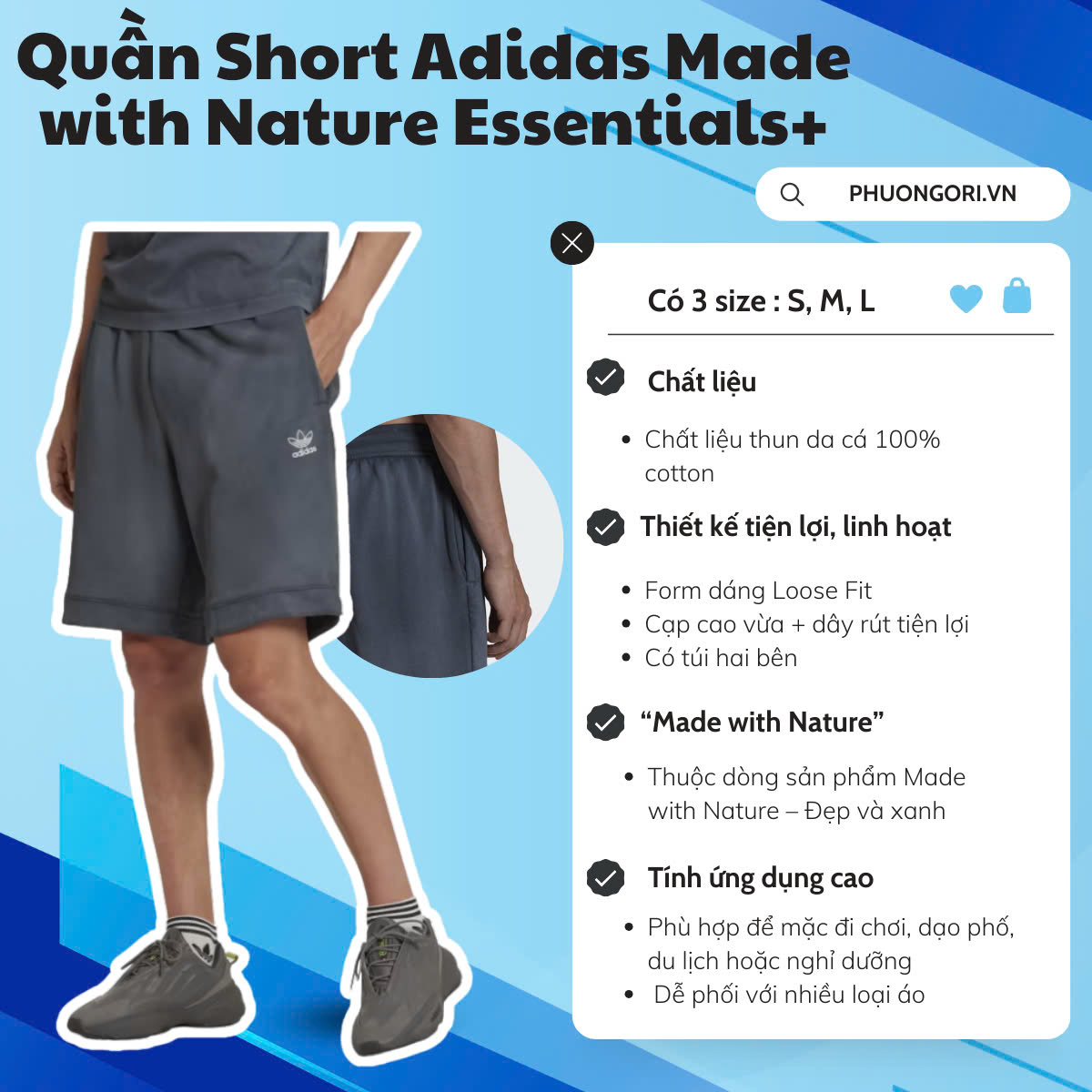 🖤 Quần Short Adidas Made with Nature Essentials+ – Màu Black/White