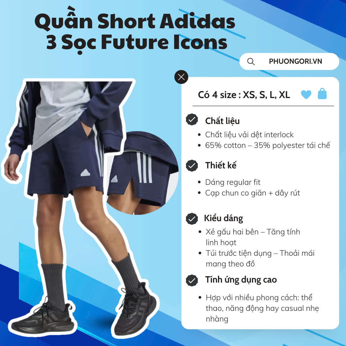 💙 Quần Short Adidas 3 Sọc Future Icons – Màu Legend Ink