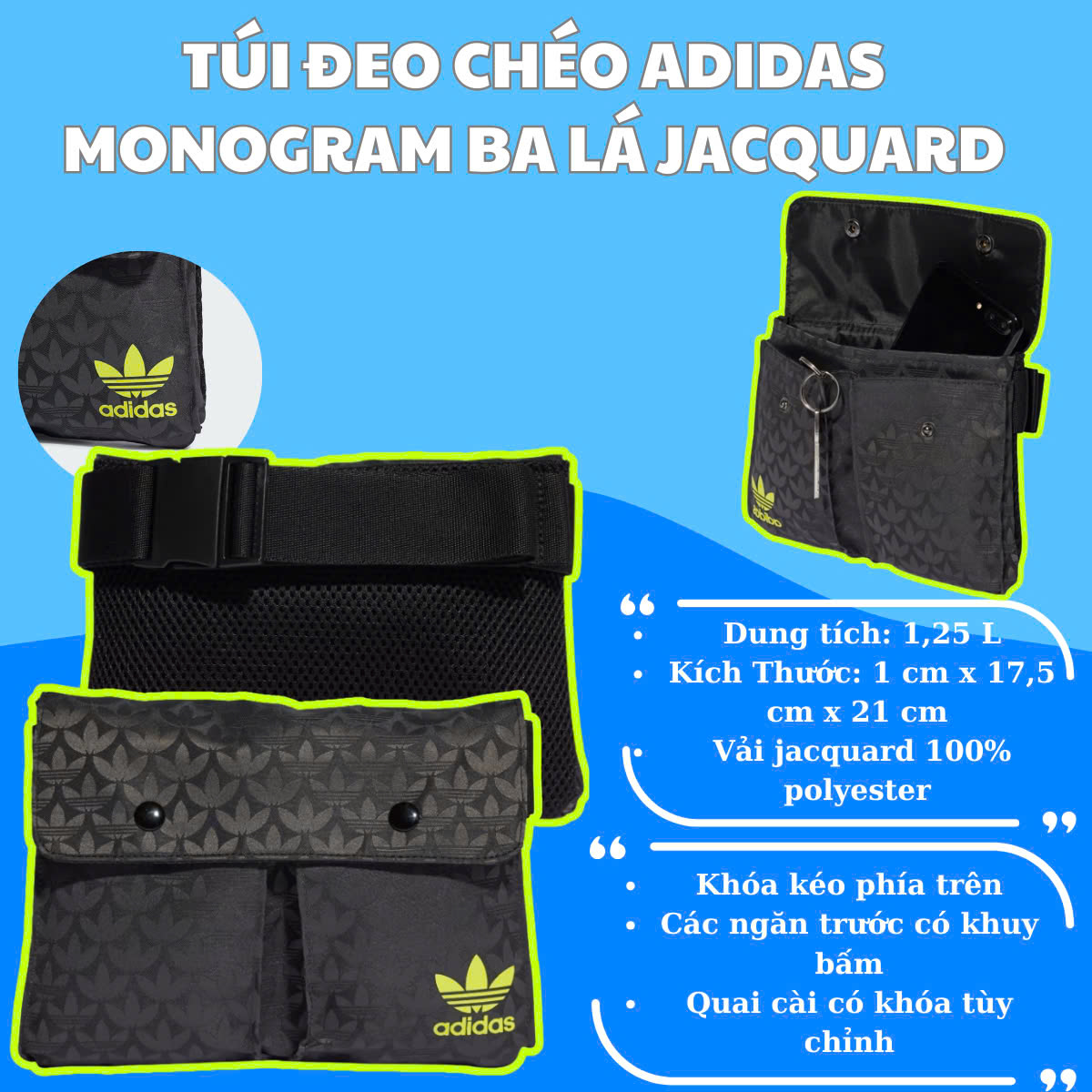 🎒 Túi Đeo Chéo Adidas Monogram Ba Lá Jacquard: Nhỏ Gọn, Chất Ngất!