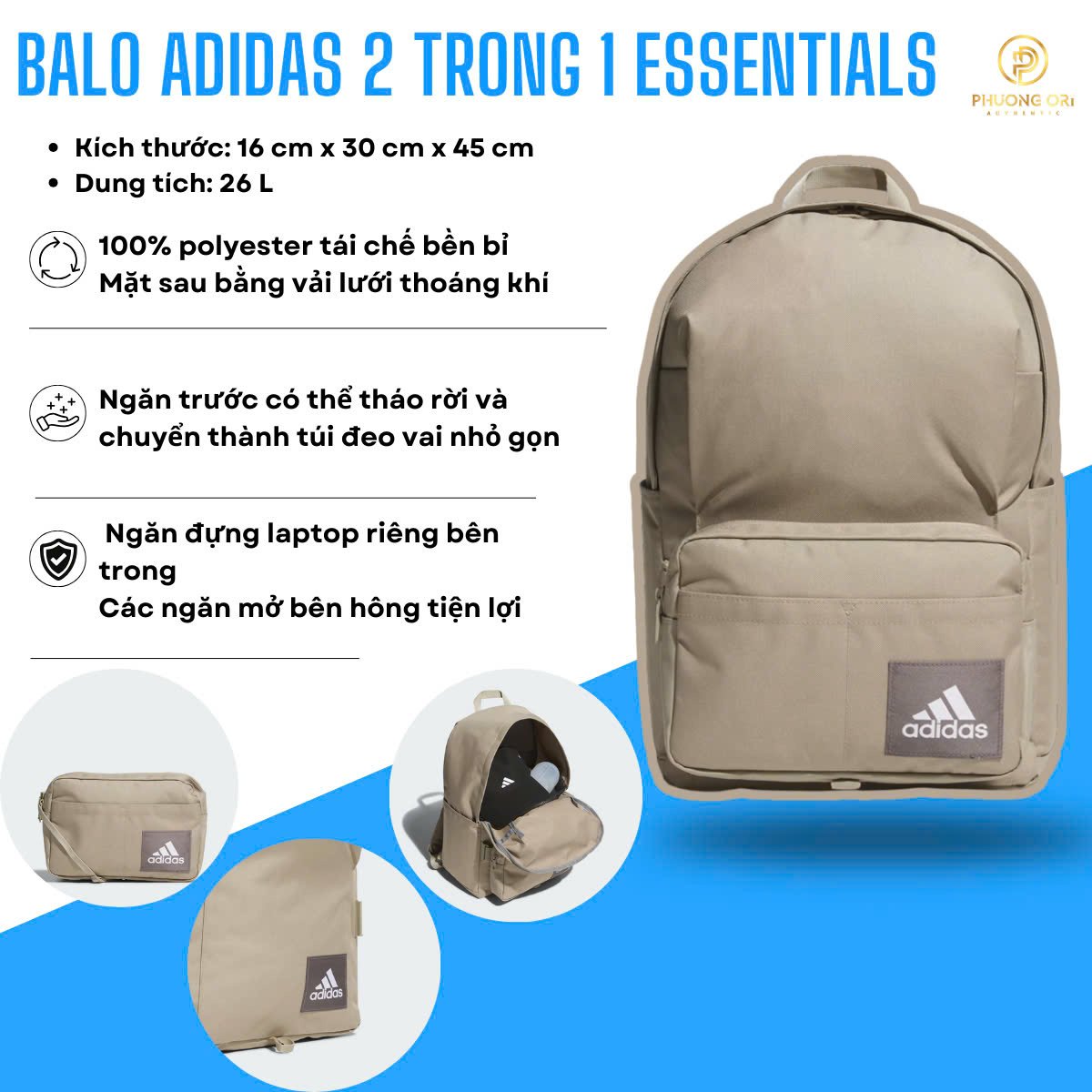 🎒 Balo Adidas 2 Trong 1 Essentials - Linh hoạt và phong cách cho mọi hành trình