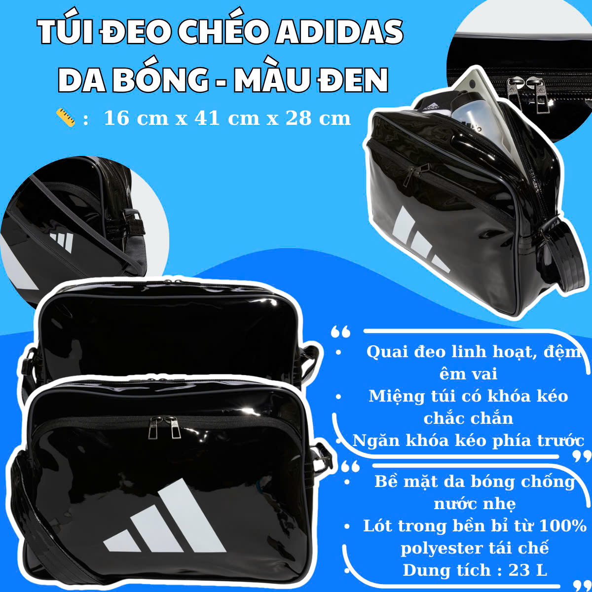 🎀 Túi Đeo Chéo Adidas Da Bóng – Black: Mạnh Mẽ, Cá Tính, Cực Kỳ Đa Dụng