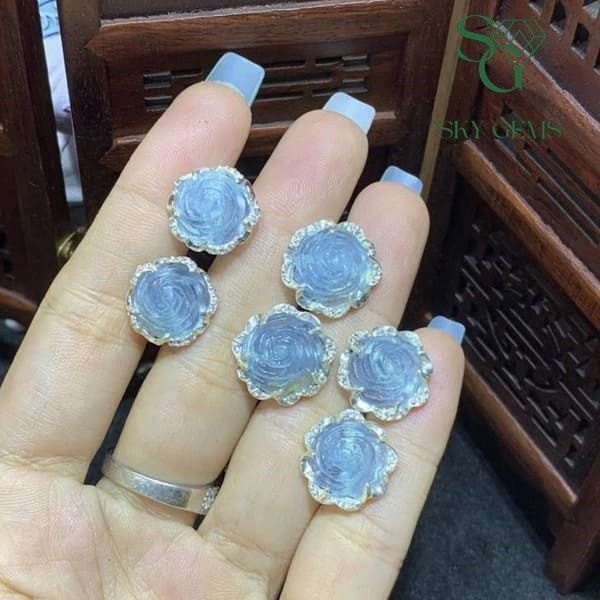 Bông tai hoa mẫu đơn Aquamarine bọc bạc