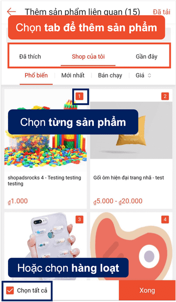 Chọn các sản phẩm thêm vào giỏ hàng livestream.