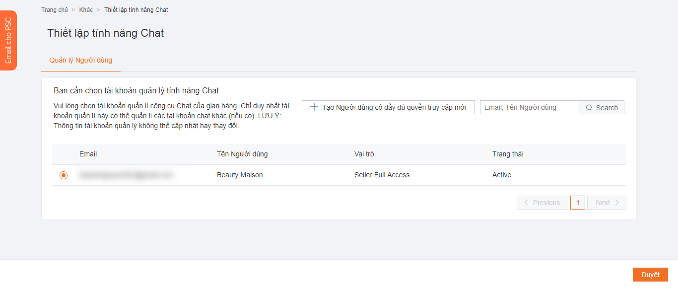 Người bán chọn địa chỉ Email sau đó nhấn “Duyệt” để quản lý tính năng Chat trên Lazada.