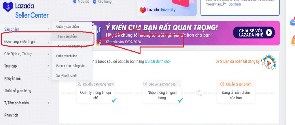 Bạn nhấn vào “Sản phẩm” rồi chọn “Thêm sản phẩm” để tiếp tục cách đăng bán hàng trên Lazada.