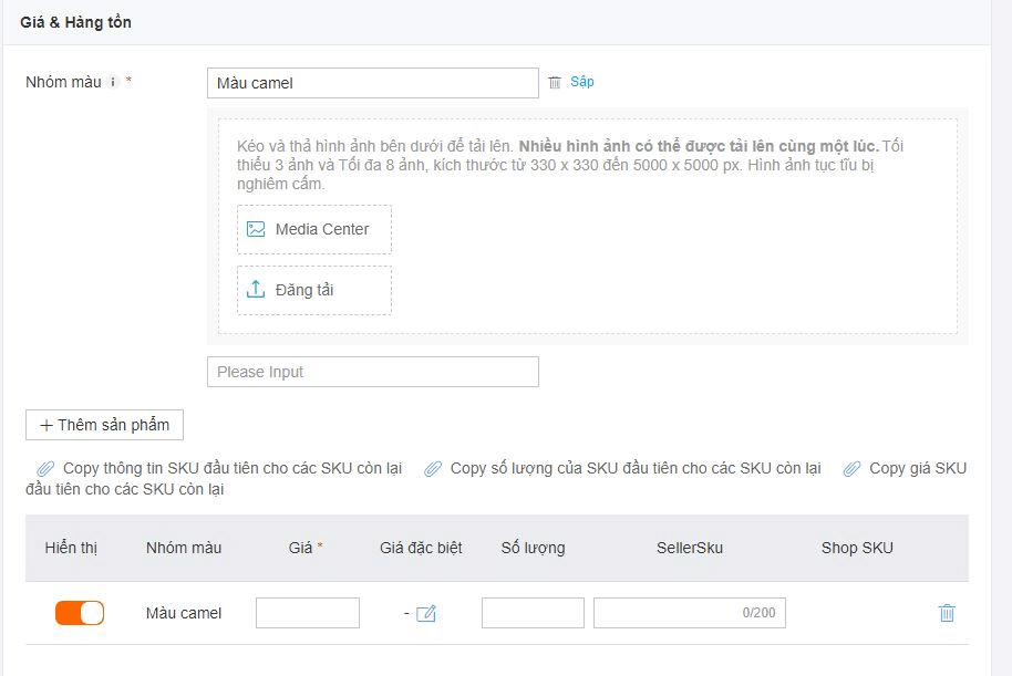 Bạn điền thông tin mức giá và số lượng hàng tồn theo phân loại màu sắc hoặc kích thước tùy từng sản phẩm.