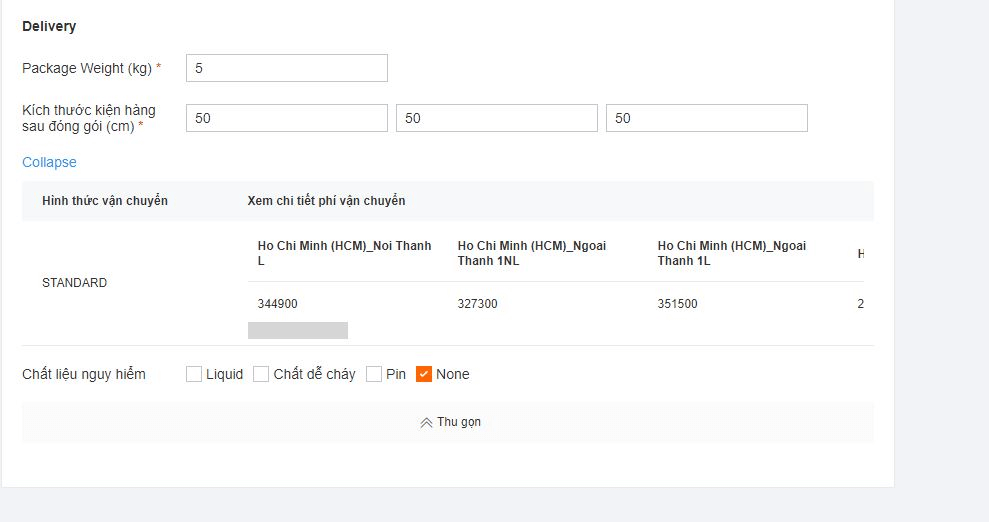 Bạn nhập các thông tin về kích thước, trọng lượng và chất liệu nguy hiểm để hệ thống ước tính cước phí vận chuyển.