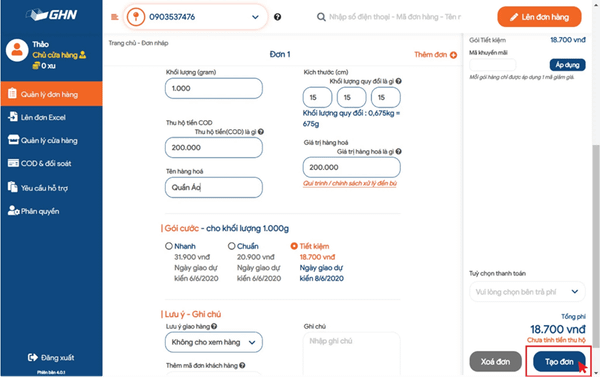 Cách tạo đơn hàng trên Giao Hàng Nhanh
