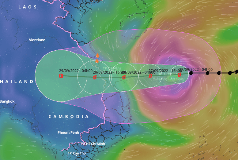 Dự báo đường đi và khu vực ảnh hưởng của bão Noru lúc 4h sáng nay.
