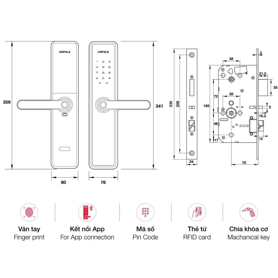 bản vẽ kỹ thuật khoá điện tử Hafele DL7600