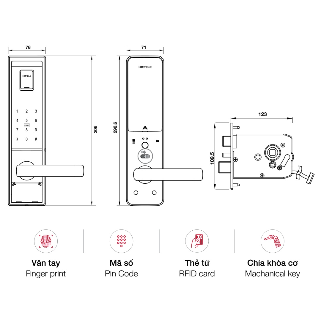 bản vẽ kỹ thuật khoá điện tử Hafele EL9000