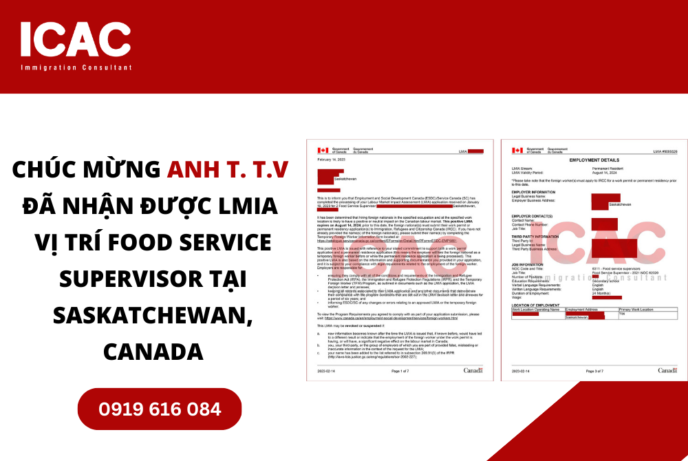 CHÚC MỪNG ANH T. T.V ĐÃ NHẬN ĐƯỢC LMIA VỊ TRÍ FOOD SERVICE SUPERVISOR