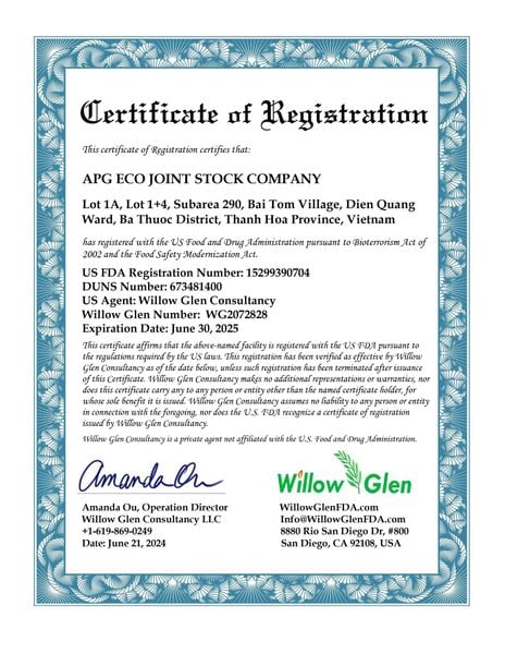APG ECO CHÍNH THỨC CÓ CHỨNG CHỈ FDA NHẬP KHẨU VÀO THỊ TRƯỜNG MỸ