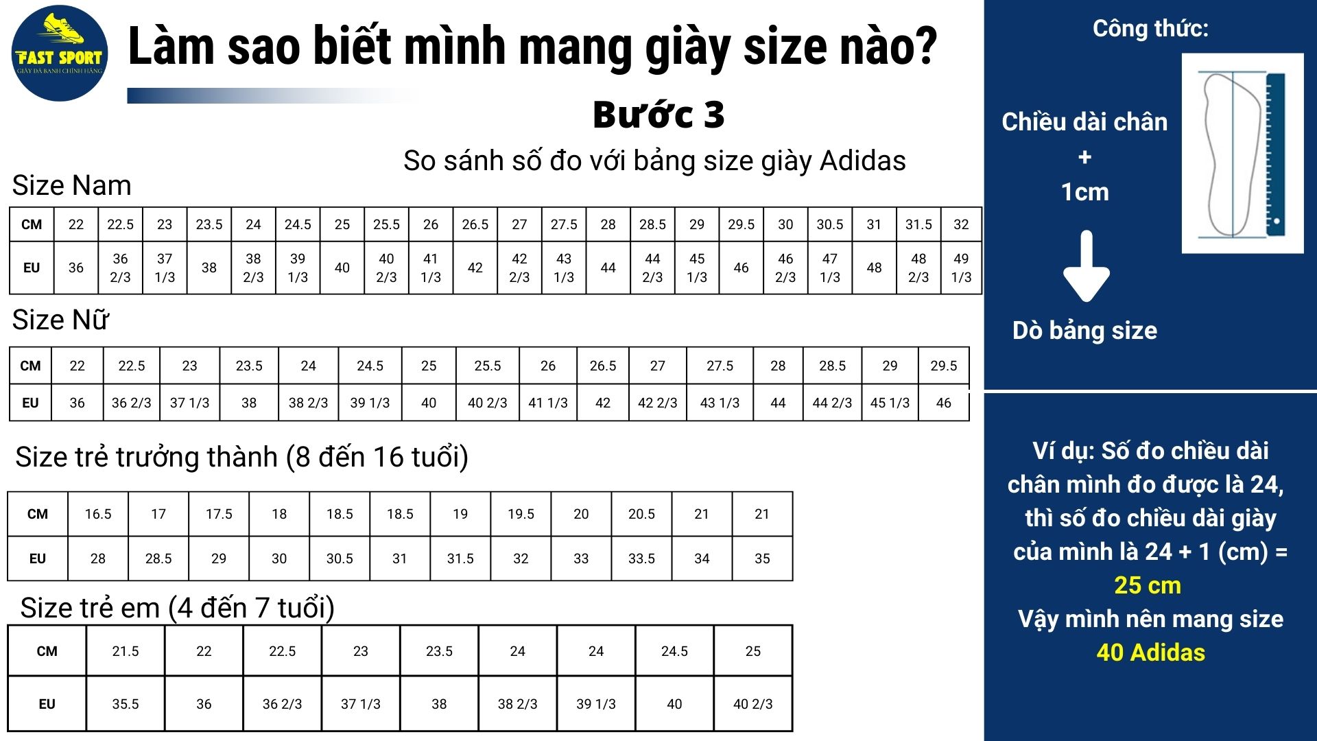 Bảng size giày bóng đá Adidas