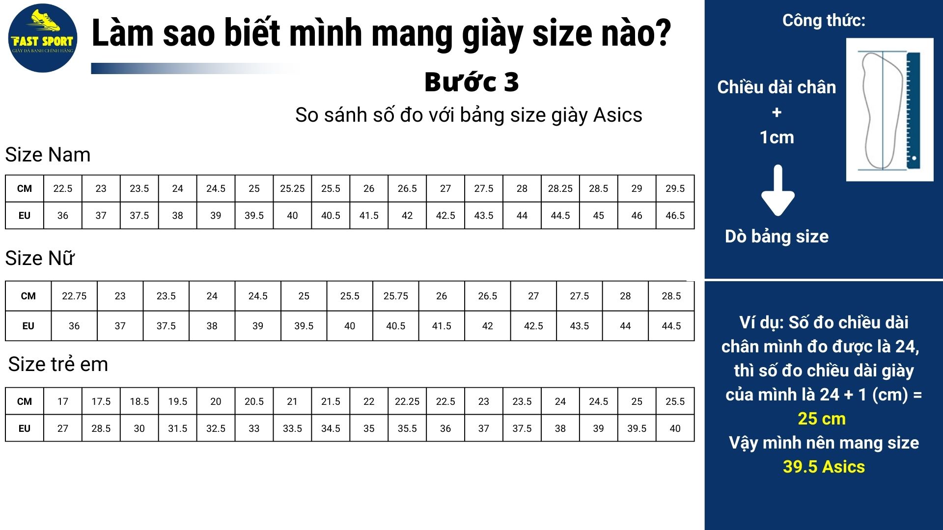 Bảng size giày bóng đá Asics