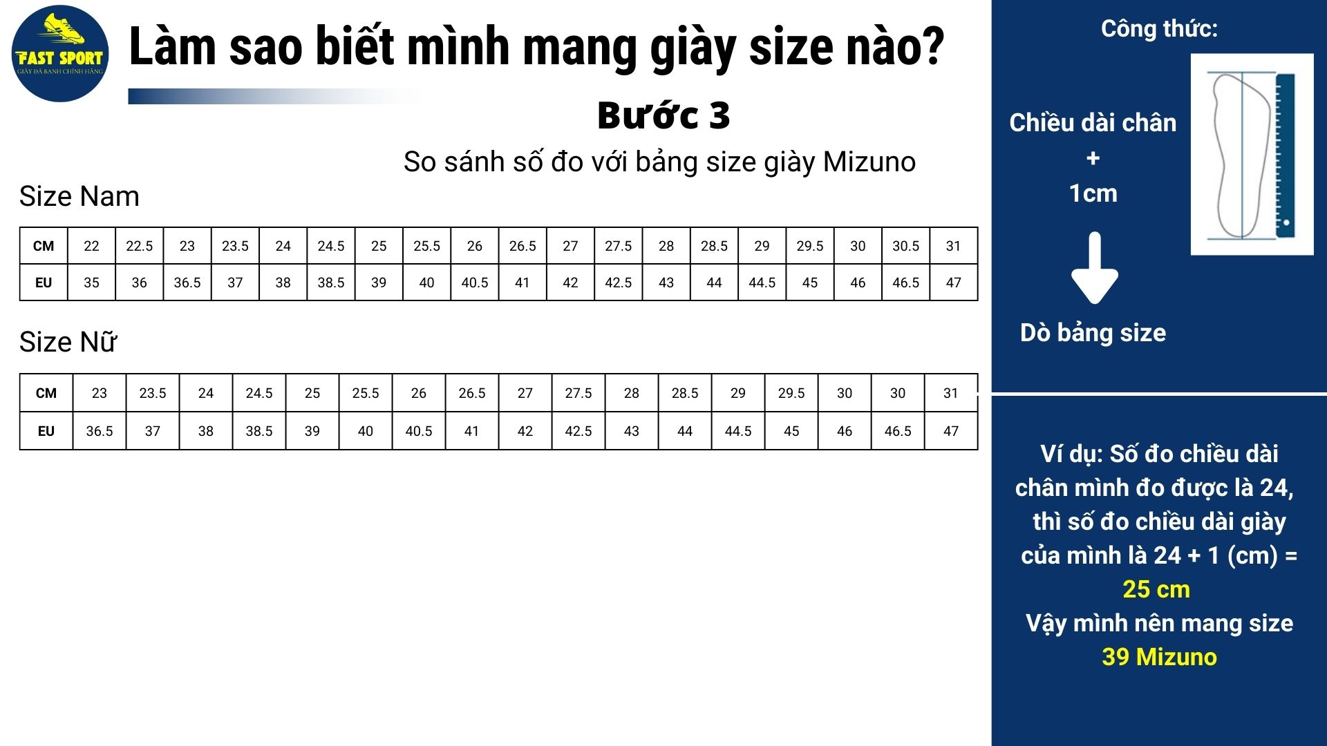 Bảng size giày bóng đá Mizuno