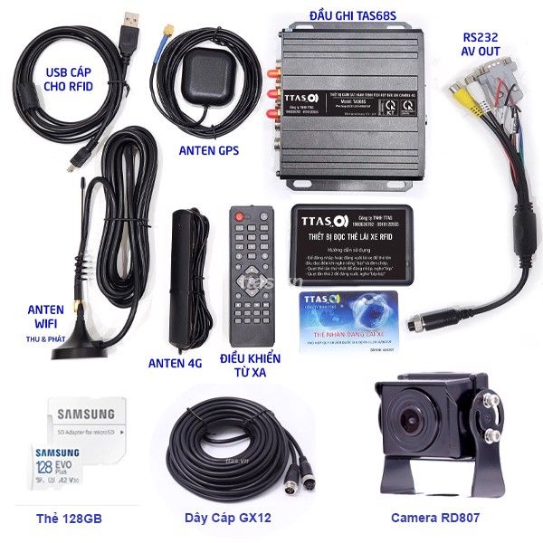 Combo Đầu Ghi Camera Hành Trình TAS68S + 4 Camera Hành Trình (RD807 & R4000 & 2 Camera Tùy Biến)+ Thẻ 128GB + SIM 120GB/Tháng