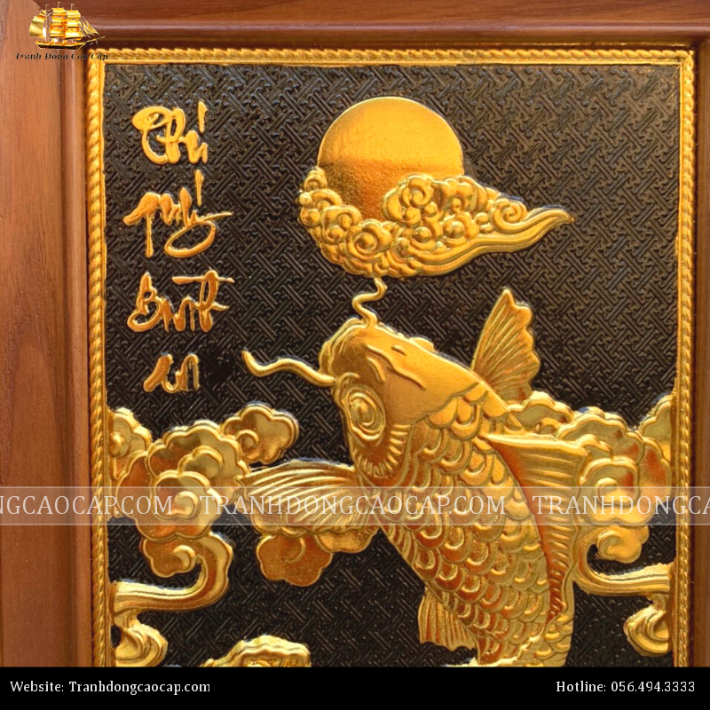 Tranh Phú Quý Bình An 28x38cm mạ vàng 24K nền đen khung gỗ sồi