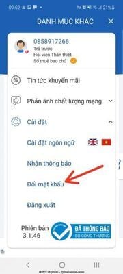 Bấm chọn “Đổi mật khẩu” trên màn hình