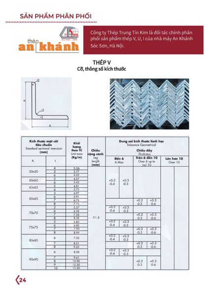 Quy cách, barem trọng lượng thép V An Khánh