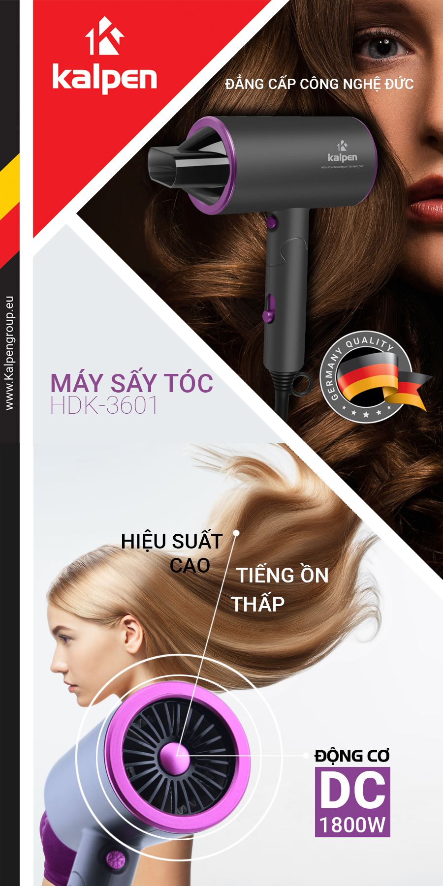 Máy sấy tóc Kalpen HDK-3601 Công suất 1800W