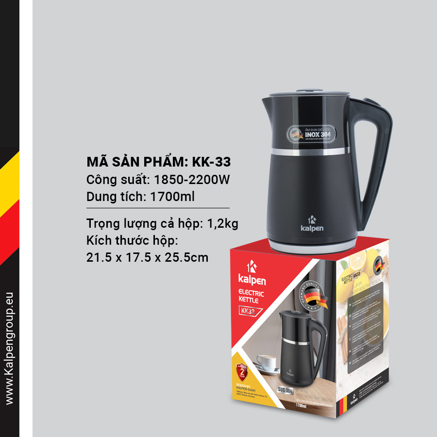 Ấm Đun Nước Siêu Tốc 3 Lớp Kalpen, 1.7L-2200W