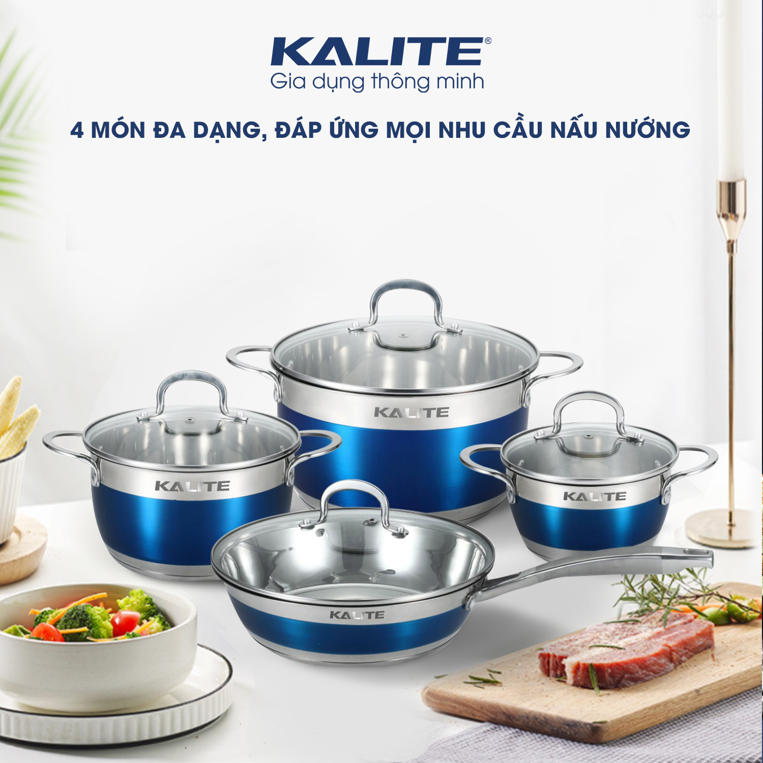 Bộ nồi chảo inox 5 đáy nắp kính Kalite KL-336 - Hàng chính hãng