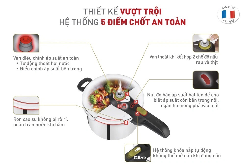 Nồi áp suất cơ inox Tefal Secure 5 Neo 4L P2534237 - Thiết kế thông minh, an toàn