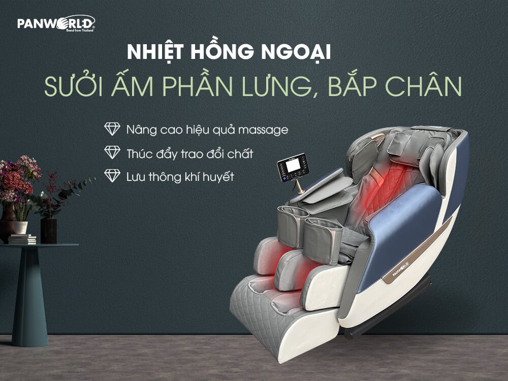 GHẾ MASSAGE PANWORLD PW-4255 - Chức năng sưởi ấm vùng lưng bằng nhiệt hồng ngoại giúp lưu thông khí huyết.