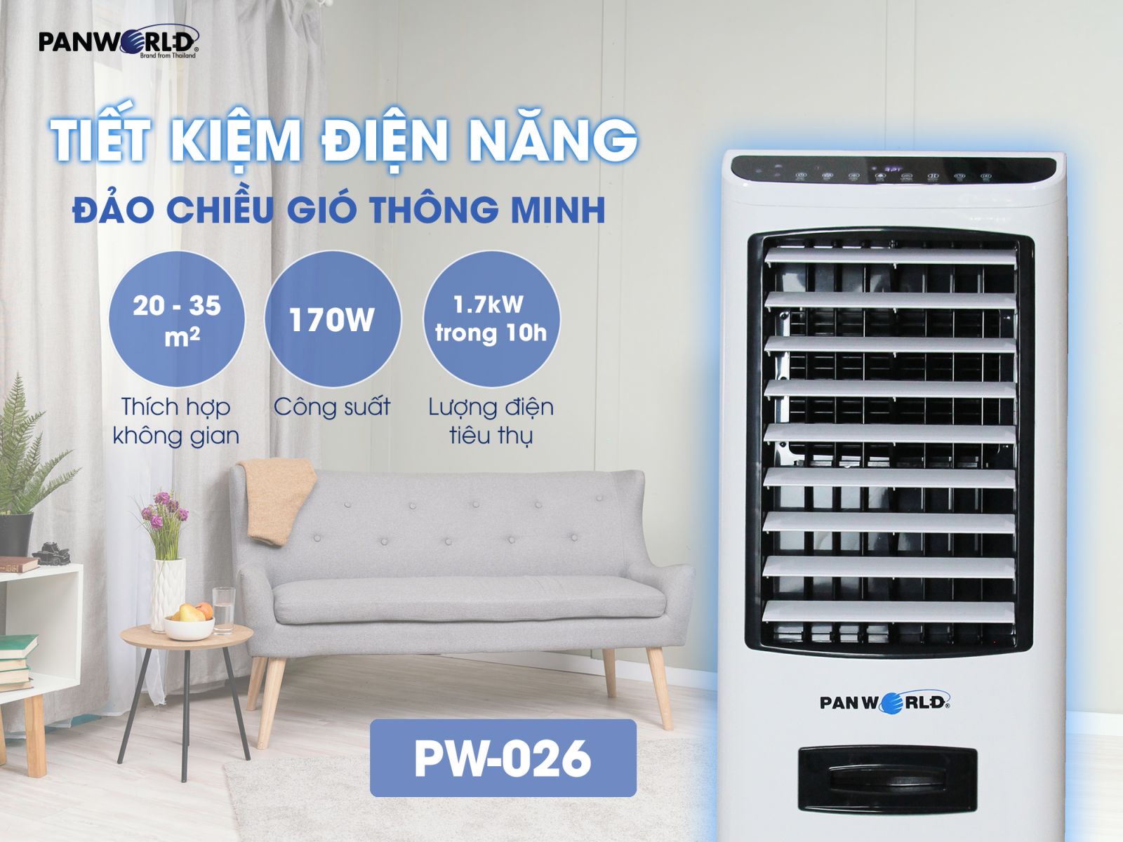 MÁY LÀM MÁT PANWORLD PW-026 - Tiết kiệm điện năng với công suất mạnh mẽ 170W, thích hợp không gian có diện tích từ 20-35 mét vuông