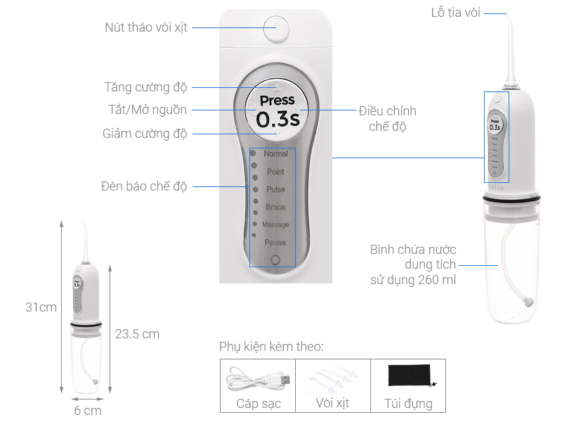 Máy tăm nước cầm tay Halio 6 chế độ Professional Cordless Oral Irrigator