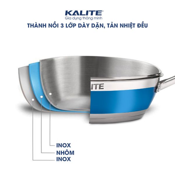 Bộ nồi chảo inox 5 đáy nắp kính Kalite KL-336 - Thành nồi 3 lớp dày dặn, tản nhiệt đều