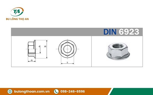 kích thước tiêu chuẩn của đai ốc liền long đen DIN 6923