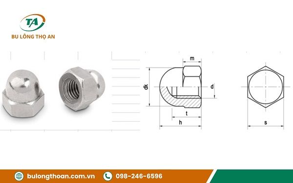 kích thước tiêu chuẩn của đai ốc mũ DIN 1587