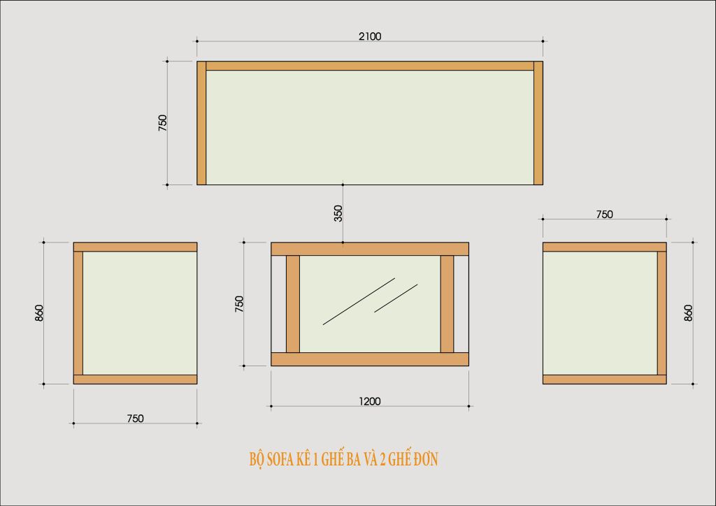 Kích thước mẫu ghế sofa gỗ đơn giản hiện đại Halamp SF008