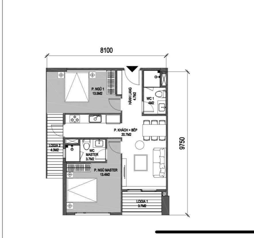 Mặt bằng thiết kế căn hộ chung cư 2 phòng ngủ