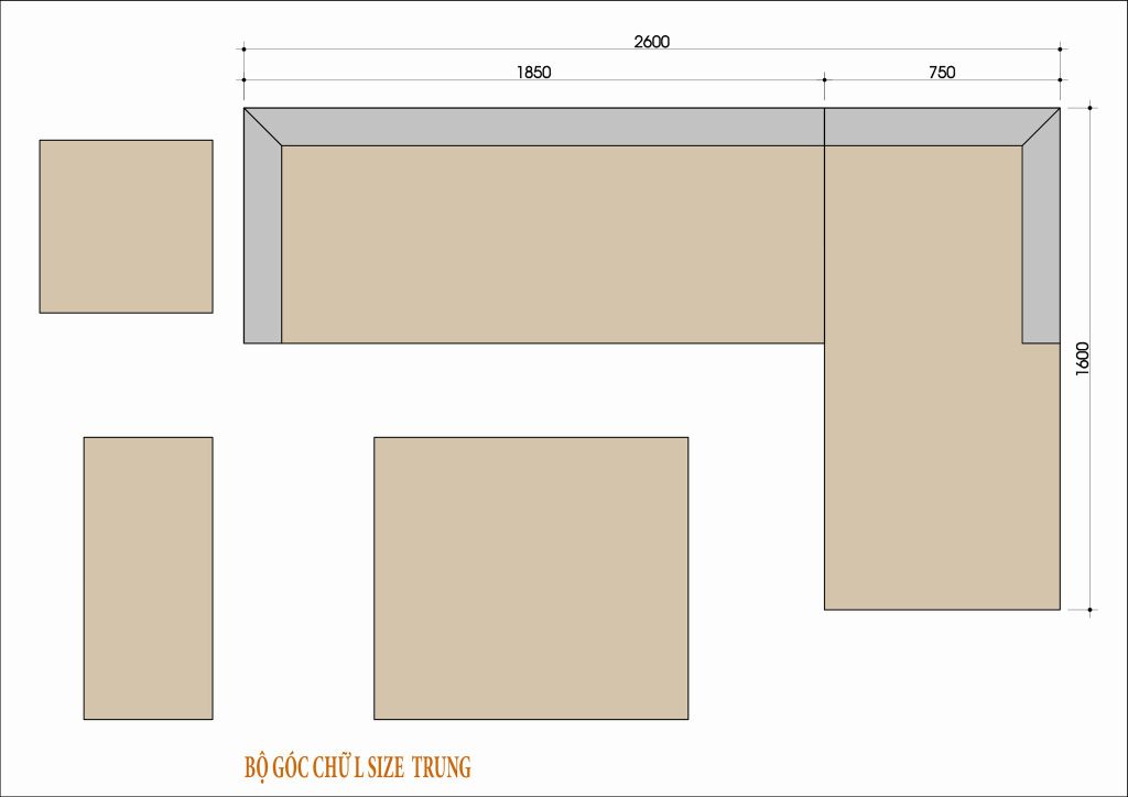 kích thước sofa góc gỗ tự nhiên size trung