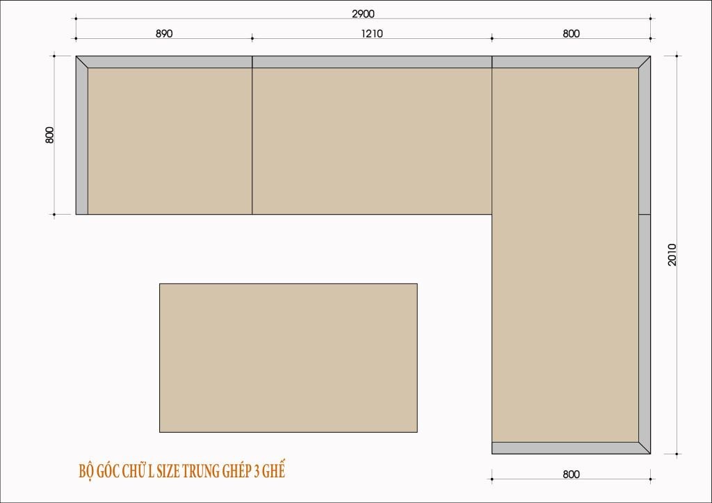 Kích thước sofa chữ L gỗ tự nhiên size trung ghép 3 ghế