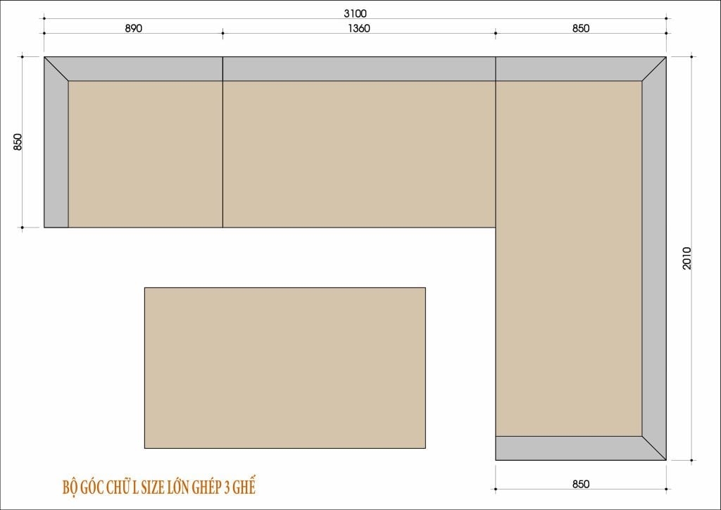 Kích thước sofa chữ L gỗ tự nhiên size lớn ghép 3 ghế