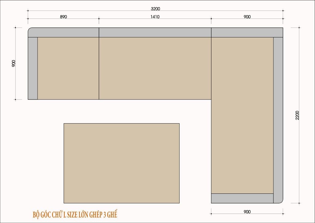 Kích thước sofa chữ L gỗ tự nhiên size lớn ghép 3 ghế