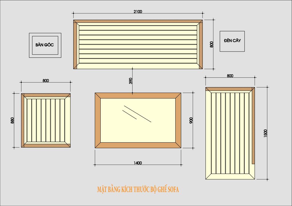 Kích thước sofa gỗ phòng khách cho nhà liền kề Halamp SF007