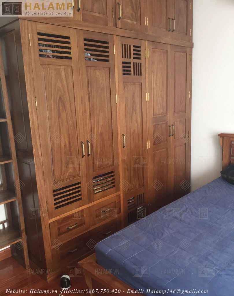 Tủ áo gỗ Gõ hoàn thiện với mầu nâu nhạt